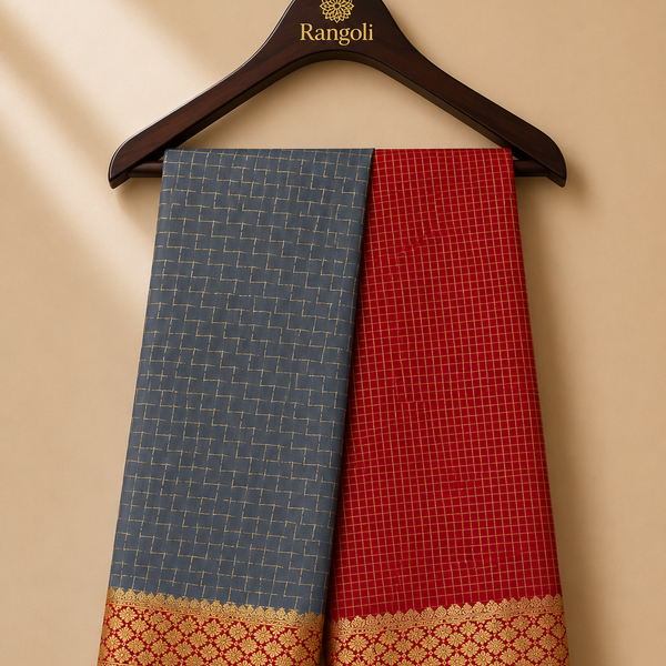 Steel grey and crimson red Mysore Silk saree featuring geometric zari weaving with an elegant floral zari border.