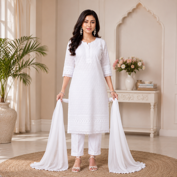 Elegant embroidered straight-cut kurta set with a graceful dupatta, designed for timeless sophistication and effortless ethnic charm. ✨🤍