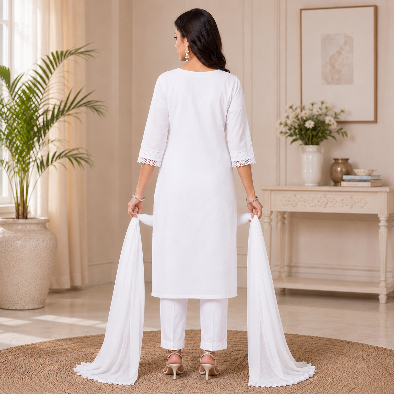 Elegant embroidered straight-cut kurta set with a graceful dupatta, designed for timeless sophistication and effortless ethnic charm. ✨🤍
