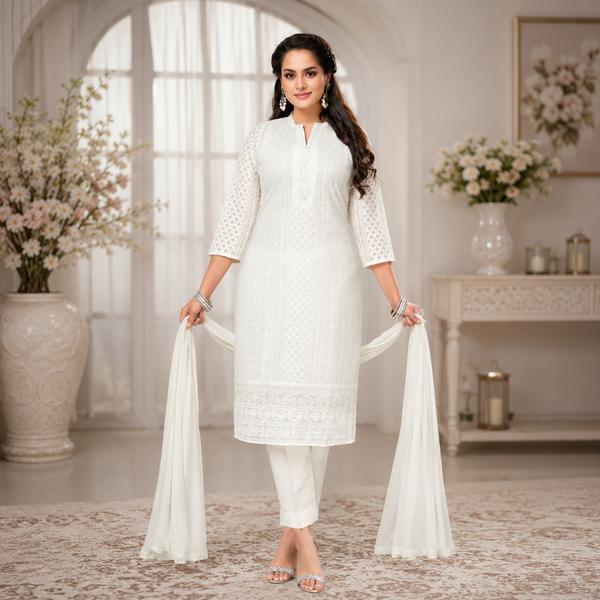 Elegant embroidered straight-cut kurta set with a flowing dupatta, offering timeless style and effortless ethnic sophistication. ✨🤍