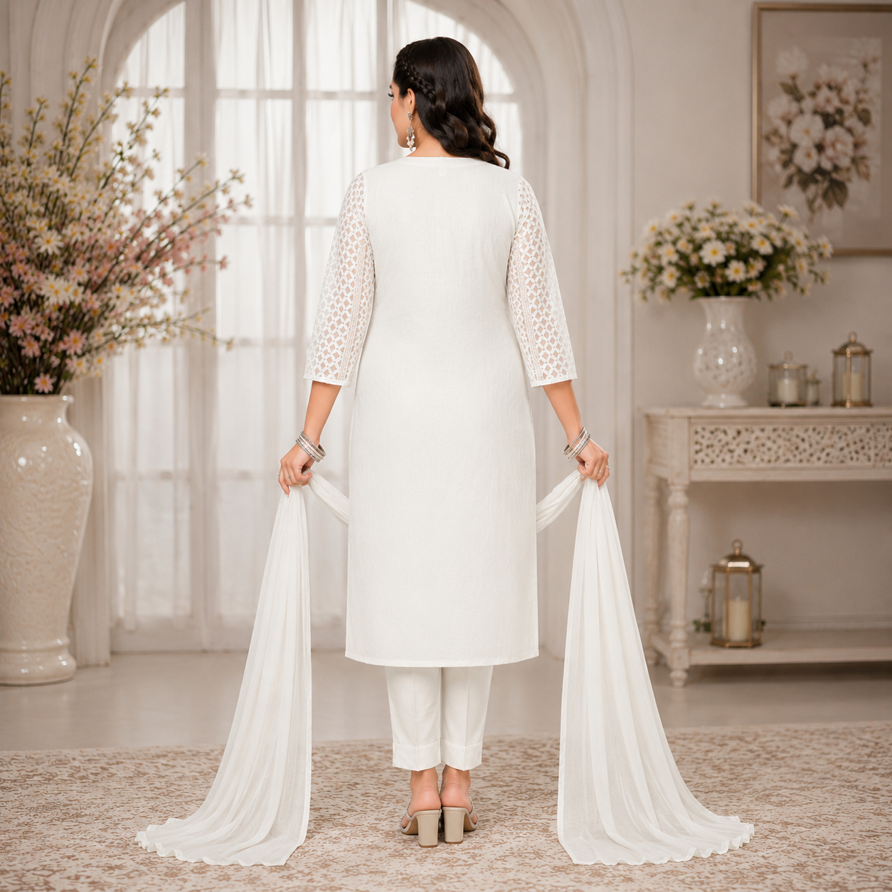 Elegant embroidered straight-cut kurta set with a flowing dupatta, offering timeless style and effortless ethnic sophistication. ✨🤍