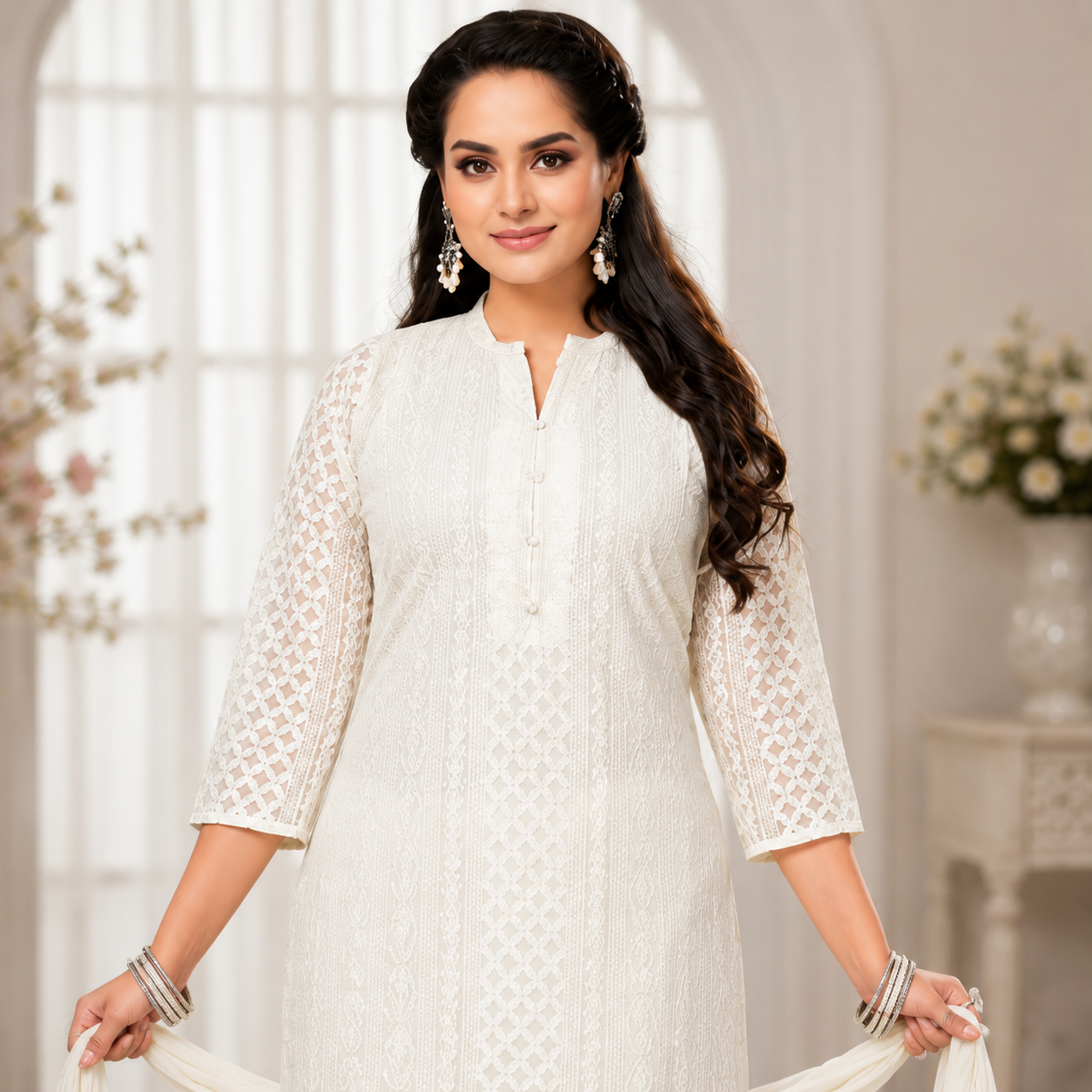 Elegant embroidered straight-cut kurta set with a flowing dupatta, offering timeless style and effortless ethnic sophistication. ✨🤍