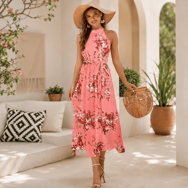 Blush Pink Floral Halter Neck Maxi Dress