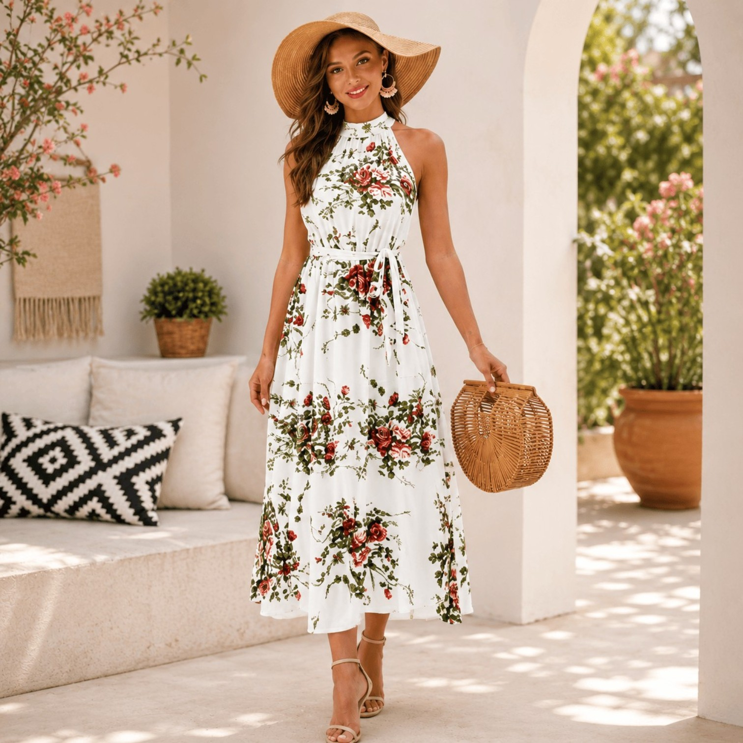 Ivory Floral Halter Neck Maxi Dress