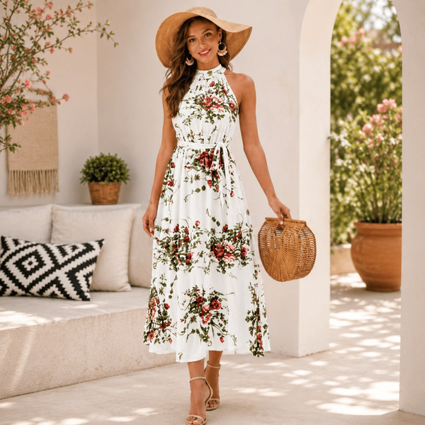 Ivory Floral Halter Neck Maxi Dress