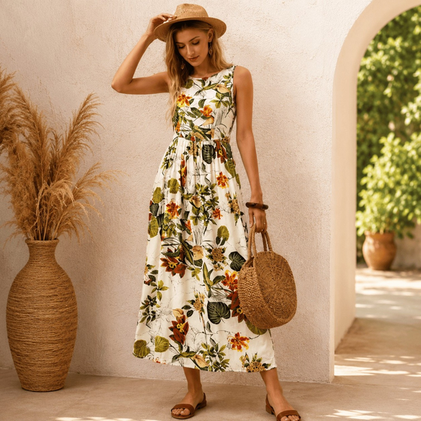 Ivory Tropical Floral Sleeveless Maxi Dress