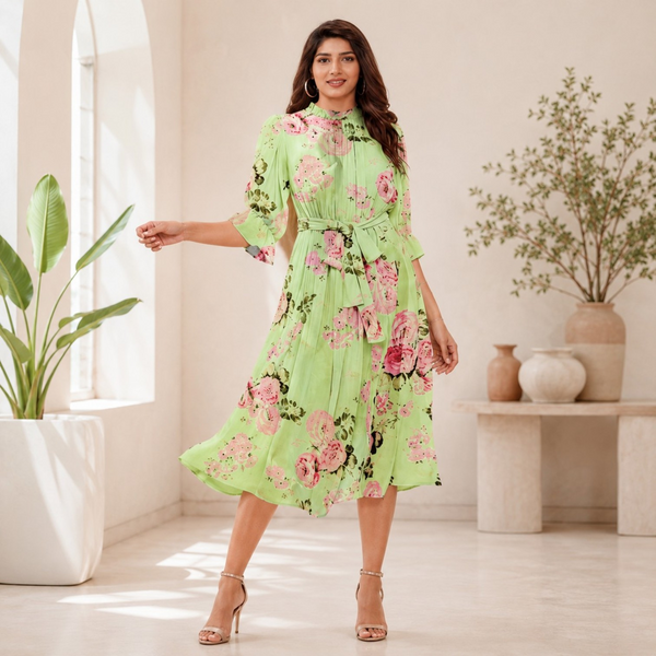 Mint Green Floral Belted Midi Dress