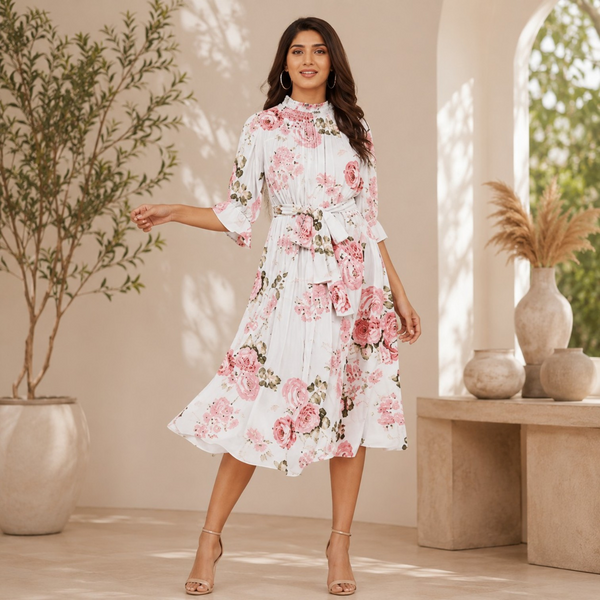 Ivory Pink Floral Belted Midi Dress