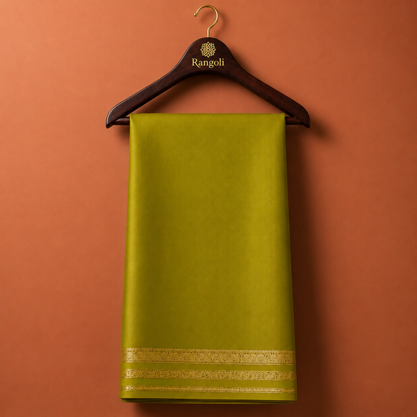 Plain olive green Mysore silk saree featuring a subtle gold zari border for a timeless and elegant traditional look.