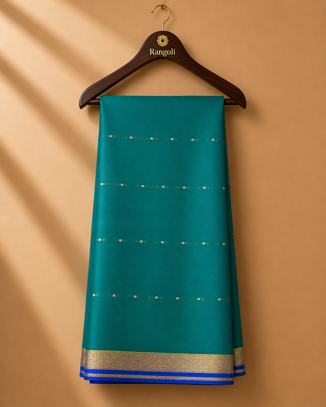 Elegant teal Mysore Silk saree adorned with delicate gold zari buttas and a striking royal blue zari border.