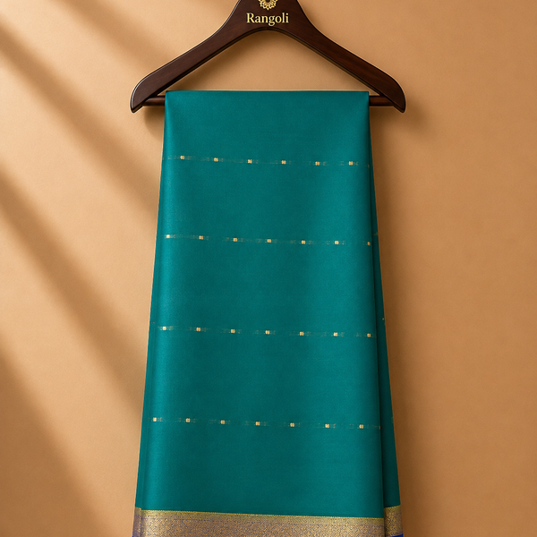 Elegant teal Mysore Silk saree adorned with delicate gold zari buttas and a striking royal blue zari border.