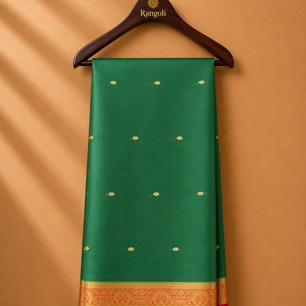 Forest green Mysore Silk saree featuring delicate gold zari buttas and a rich gold zari border with vibrant red accents.
