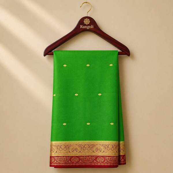 Bright parrot green Mysore Silk saree featuring delicate gold zari buttas and a rich red-gold traditional zari border.