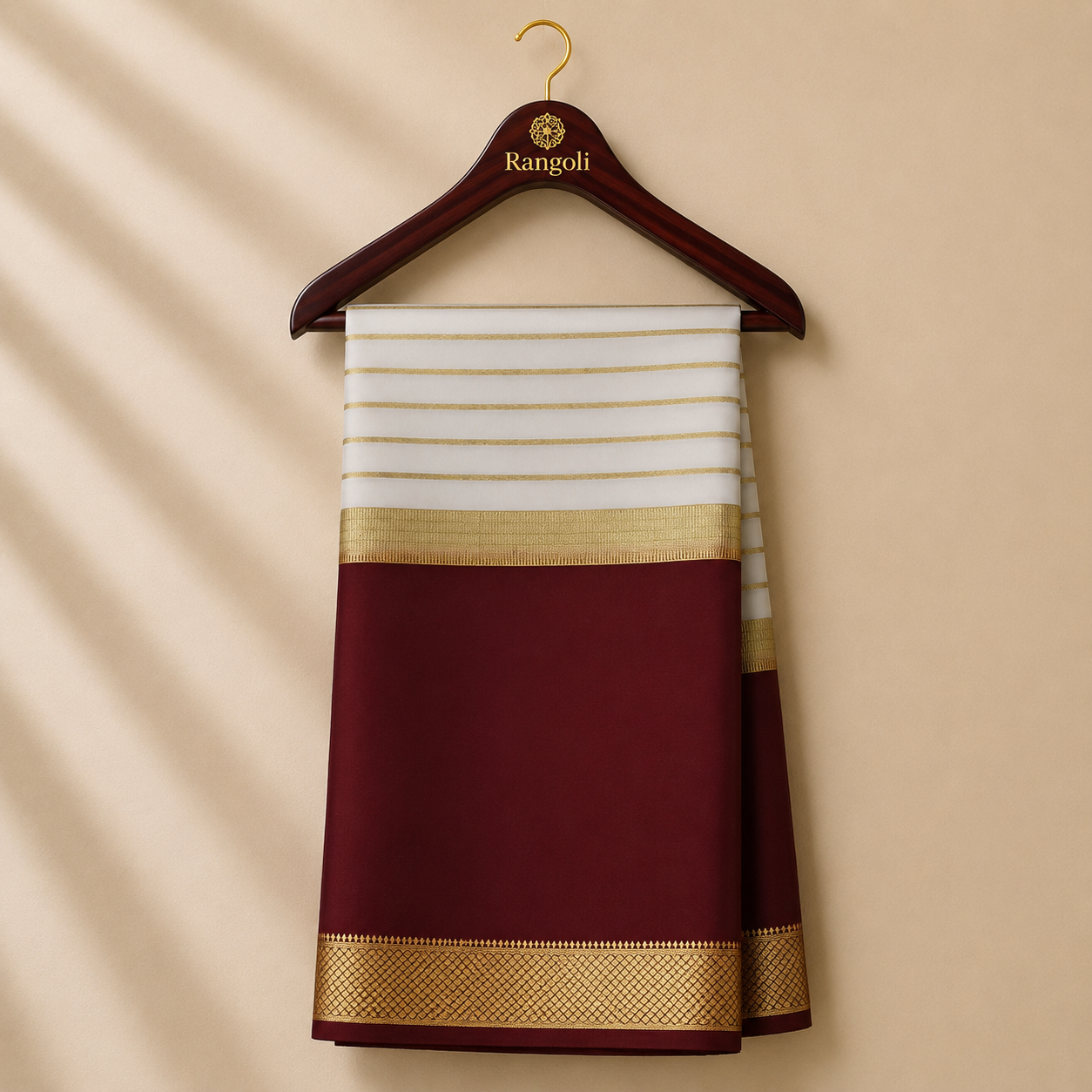 Classic white and deep maroon Mysore silk saree featuring elegant gold zari stripes and a rich woven zari border for a refined traditional look.