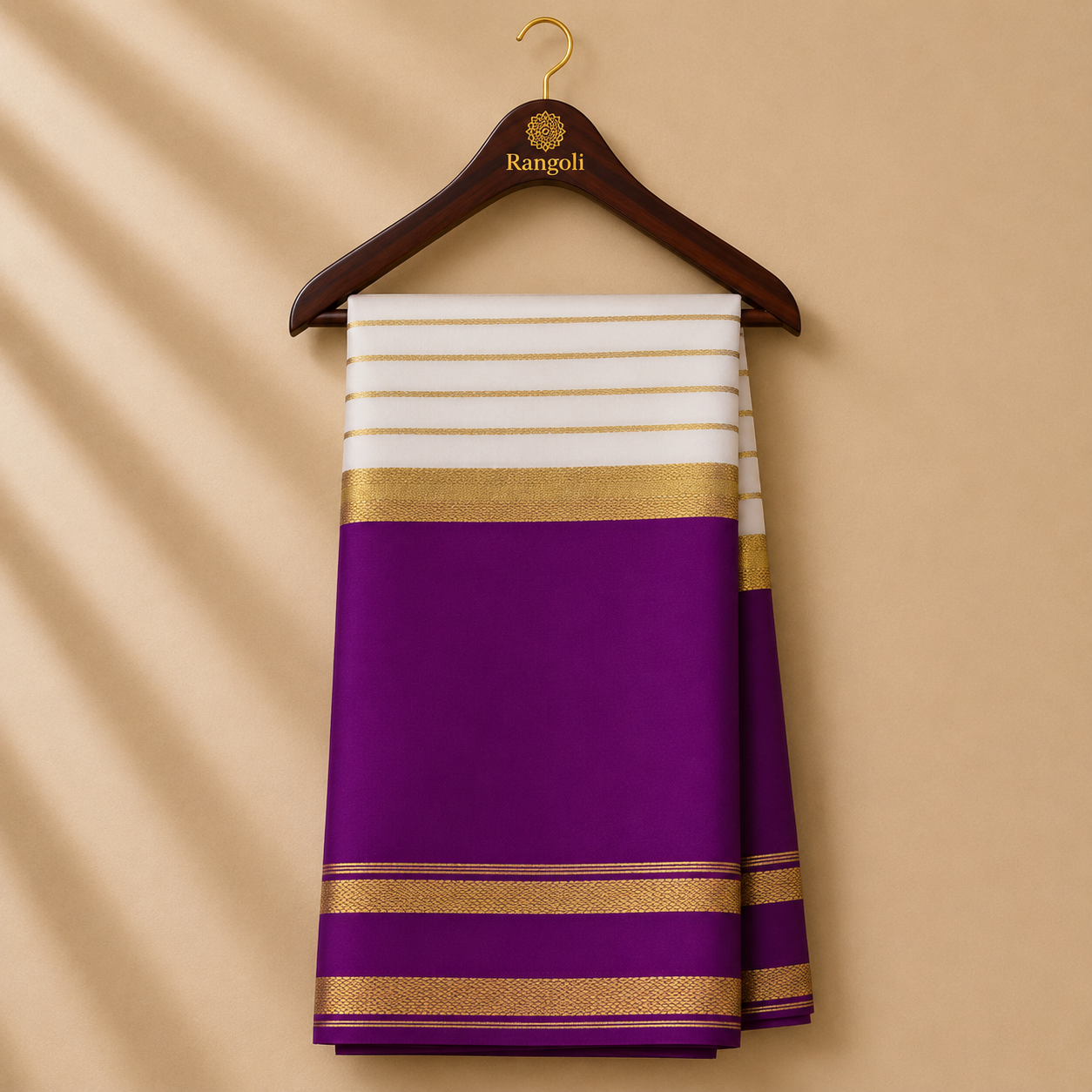 Graceful Mysore silk saree featuring a rich deep plum body, elegant white striped pallu, and classic gold zari borders.