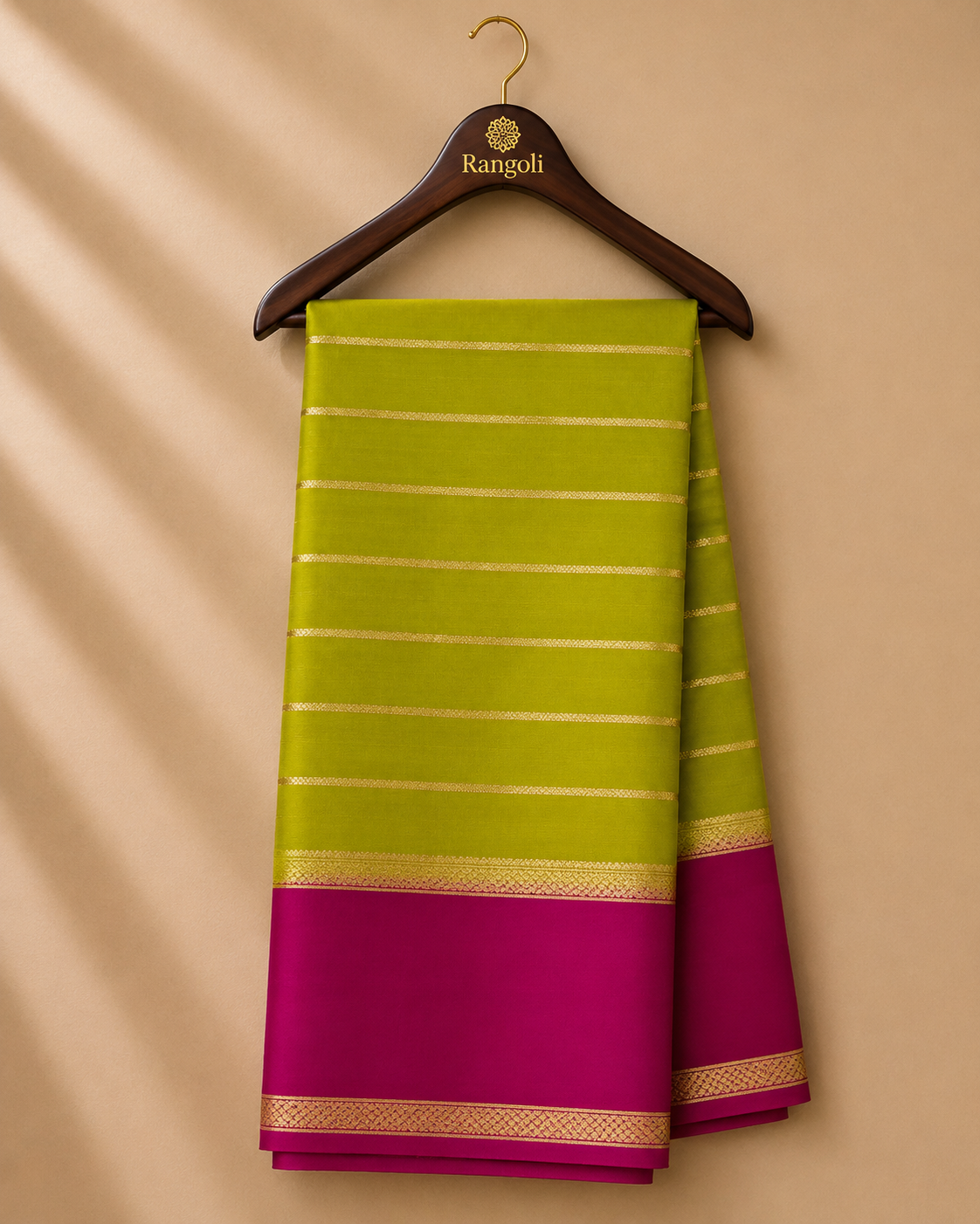 Rich magenta Mysore silk saree featuring a classic white striped pallu and elegant gold zari woven borders for a timeless traditional look.