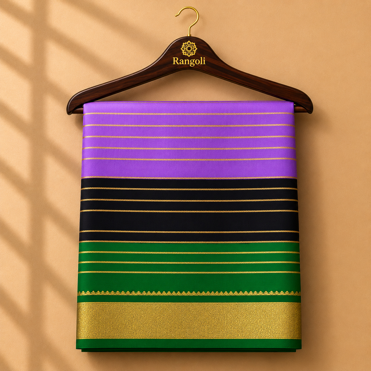 Graceful lavender Kanchipattu silk saree featuring elegant gold zari stripes with striking black and emerald green contrast borders.
