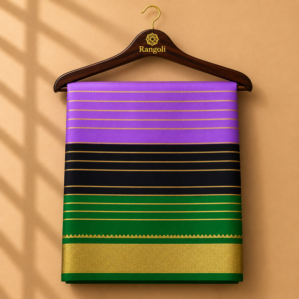 Graceful lavender Kanchipattu silk saree featuring elegant gold zari stripes with striking black and emerald green contrast borders.