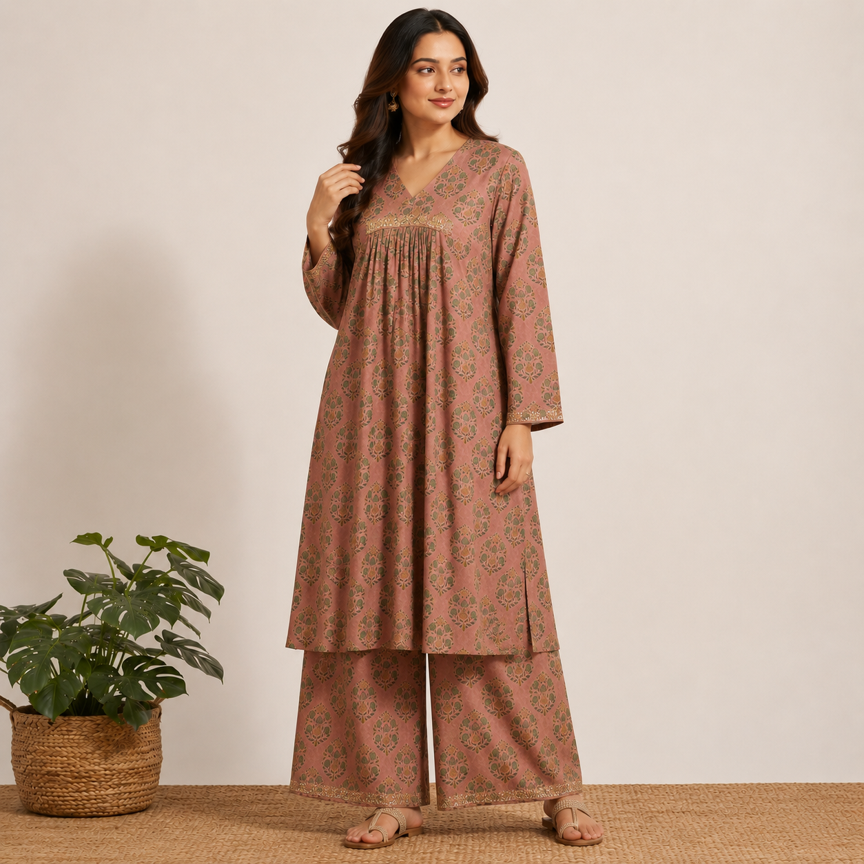 "Dusty Rose Pink ethnic kurta featuring olive green and gold traditional block print motifs."