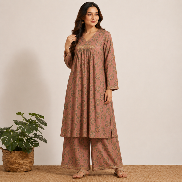 "Dusty Rose Pink ethnic kurta featuring olive green and gold traditional block print motifs."