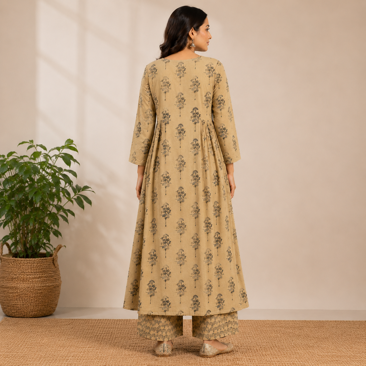 Beige floral printed A-line kurta set featuring delicate botanical motifs, a flowy silhouette, and coordinated printed pants for effortless everyday elegance.
