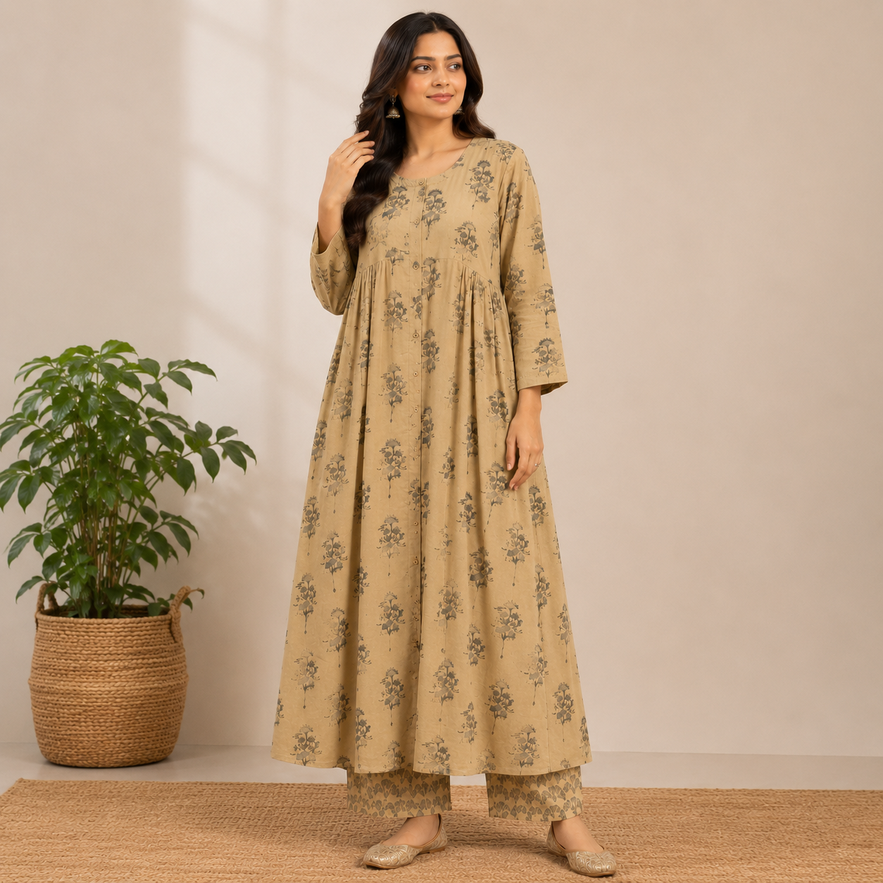 Beige floral printed A-line kurta set featuring delicate botanical motifs, a flowy silhouette, and coordinated printed pants for effortless everyday elegance.