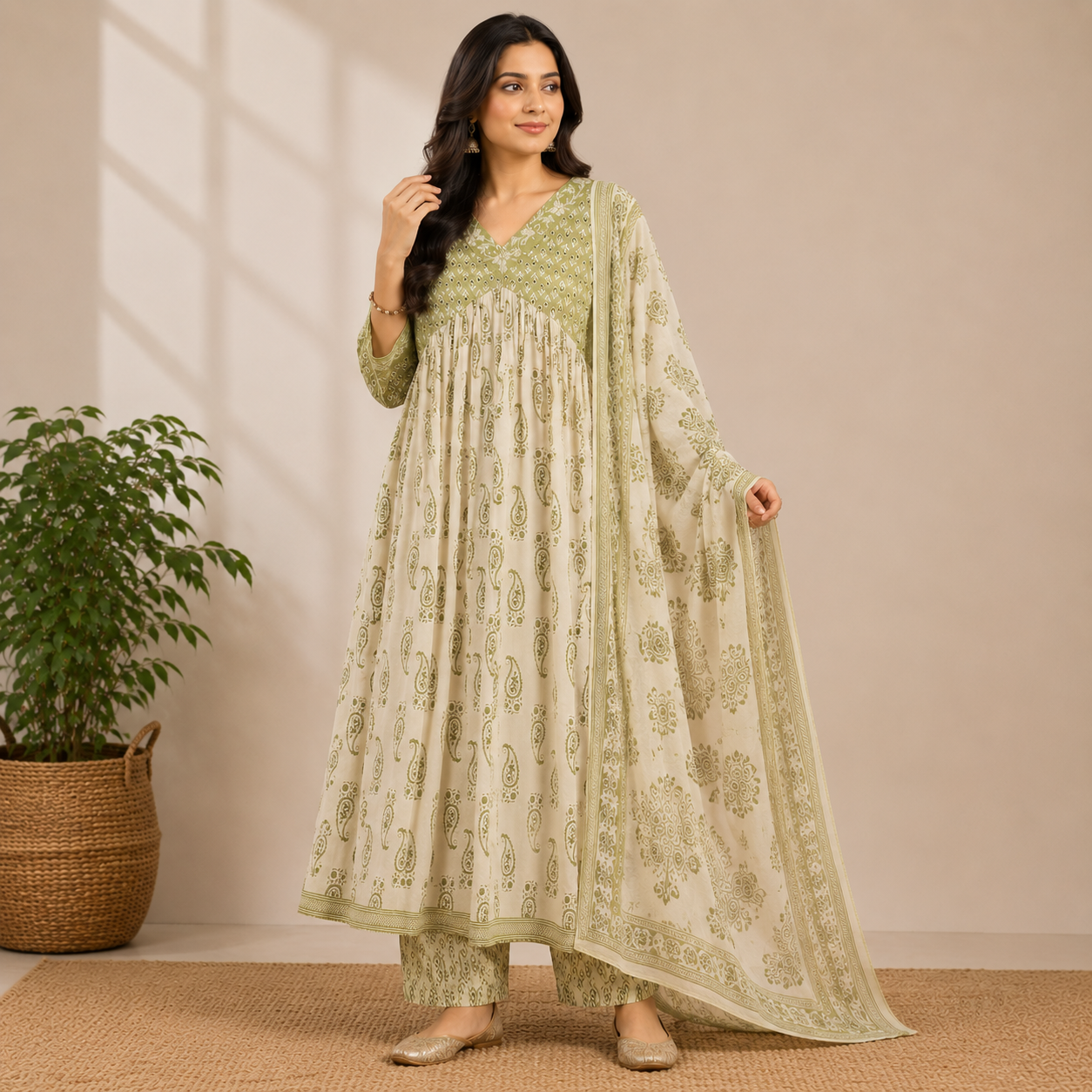 Sage green and ivory Anarkali kurta set featuring elegant paisley prints, a flowy silhouette, and a matching printed dupatta for a graceful ethnic look.