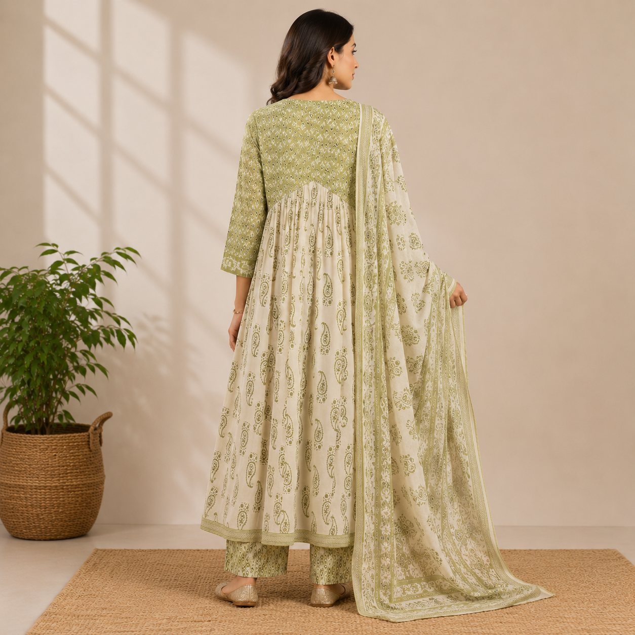 Sage green and ivory Anarkali kurta set featuring elegant paisley prints, a flowy silhouette, and a matching printed dupatta for a graceful ethnic look.