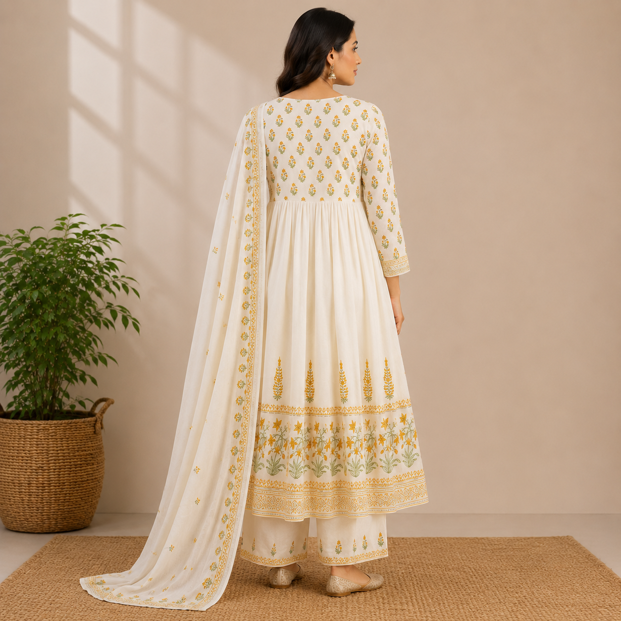 Ivory floral Anarkali kurta set featuring delicate botanical prints, graceful gathers, and a matching dupatta for an effortlessly elegant ethnic look.