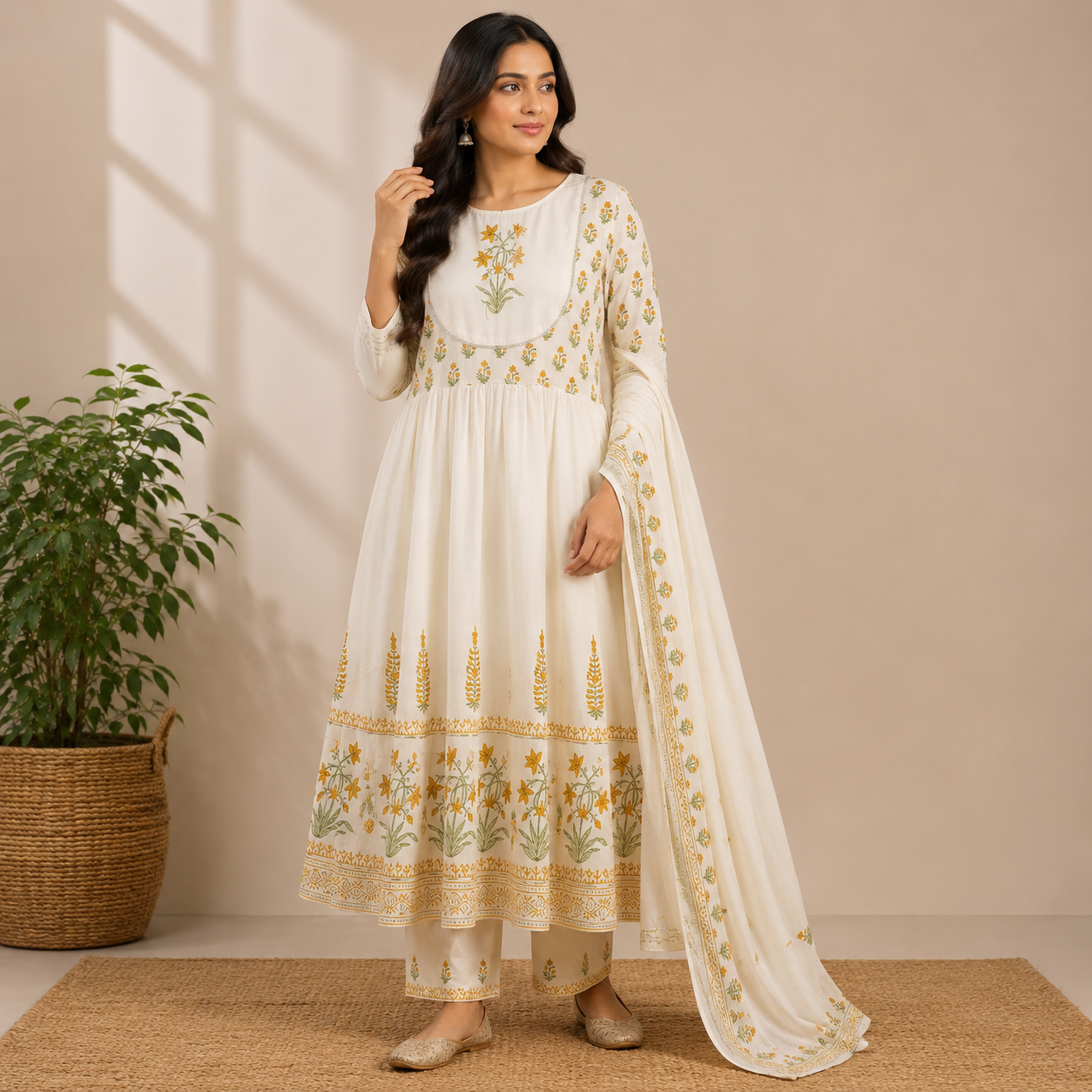 Ivory floral Anarkali kurta set featuring delicate botanical prints, graceful gathers, and a matching dupatta for an effortlessly elegant ethnic look.
