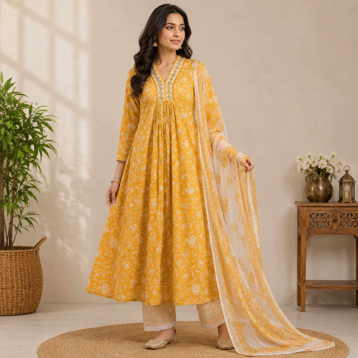 Mustard yellow floral printed Anarkali kurta set featuring a graceful flowy silhouette, intricate neckline detailing, and a matching dupatta for an elegant ethnic look.