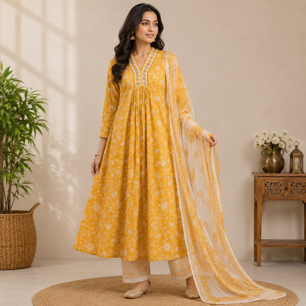 Mustard yellow floral printed Anarkali kurta set featuring a graceful flowy silhouette, intricate neckline detailing, and a matching dupatta for an elegant ethnic look.