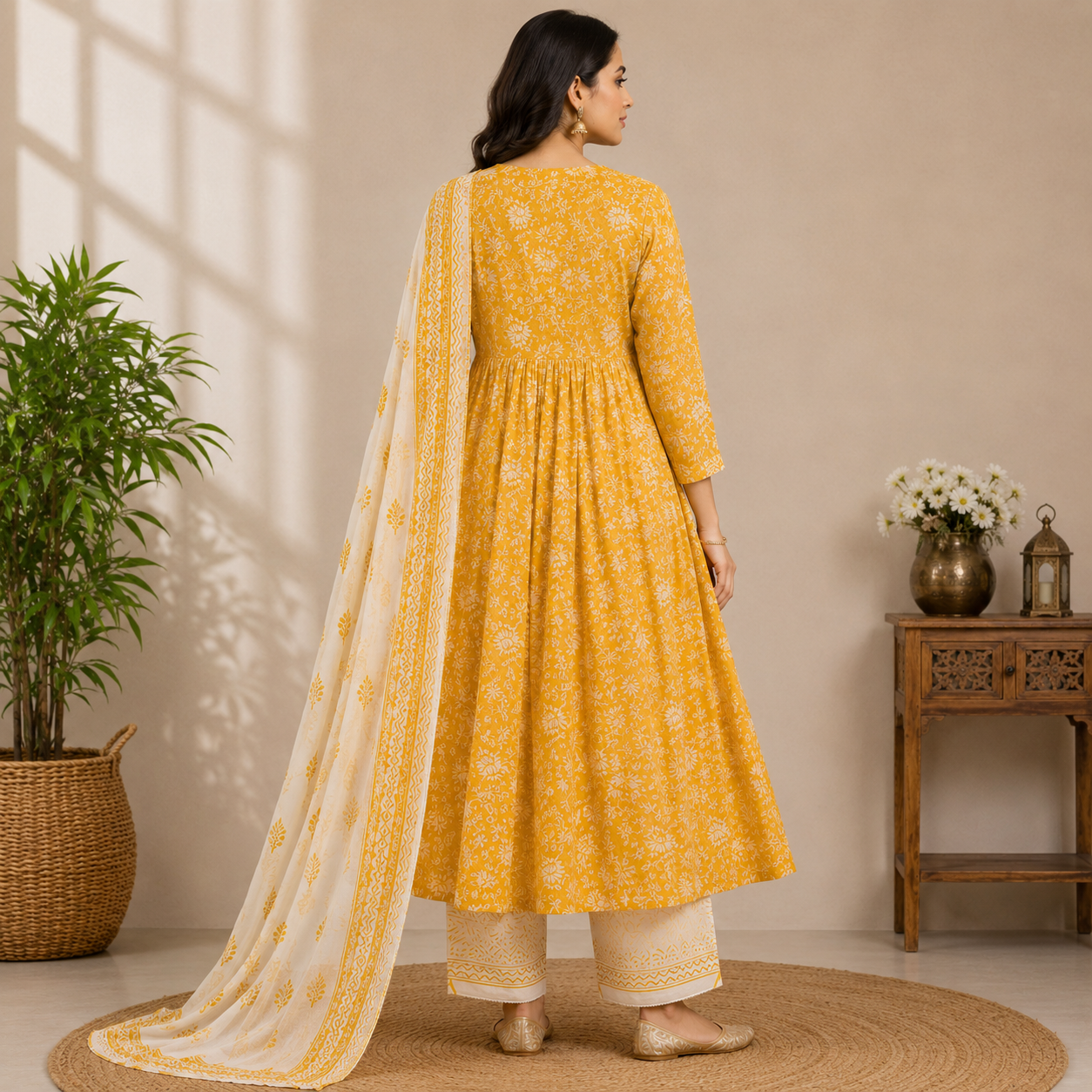 Mustard yellow floral printed Anarkali kurta set featuring a graceful flowy silhouette, intricate neckline detailing, and a matching dupatta for an elegant ethnic look.