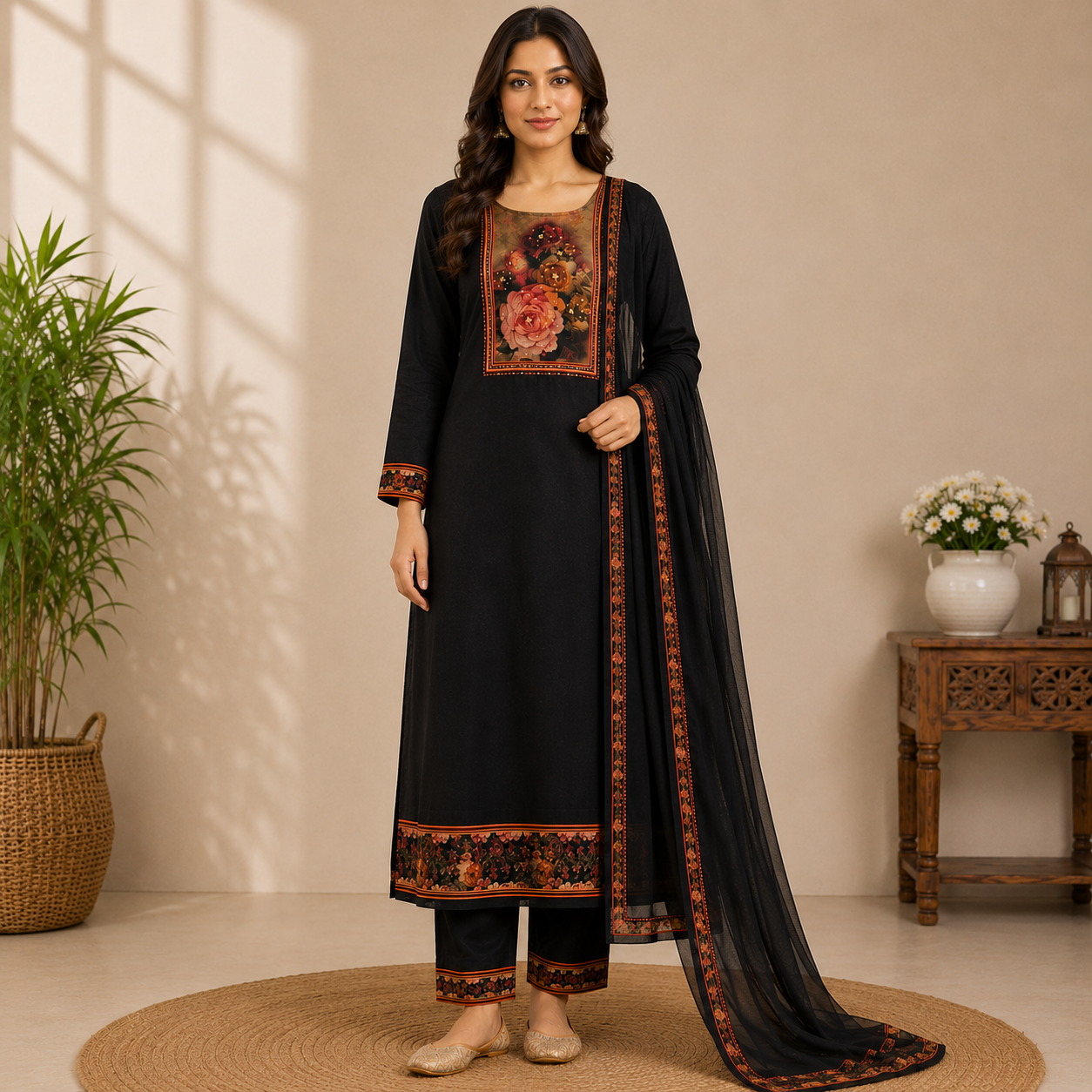 Black straight-cut kurta set featuring a floral printed yoke, detailed border accents, matching pants, and a sheer dupatta for an elegant ethnic look.