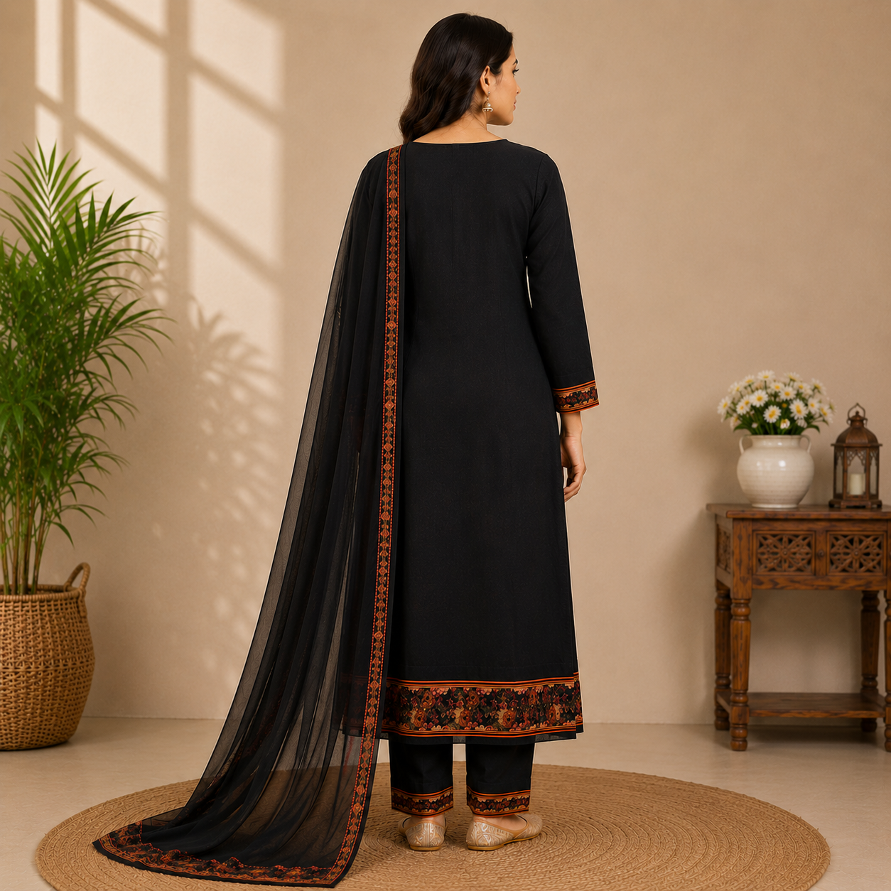 Black straight-cut kurta set featuring a floral printed yoke, detailed border accents, matching pants, and a sheer dupatta for an elegant ethnic look.