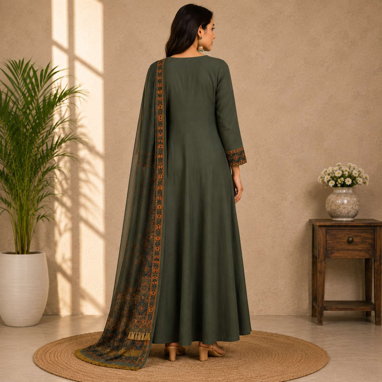 Olive green Anarkali suit featuring intricate mirror work, embroidered detailing, and a beautifully printed dupatta for a regal ethnic look.