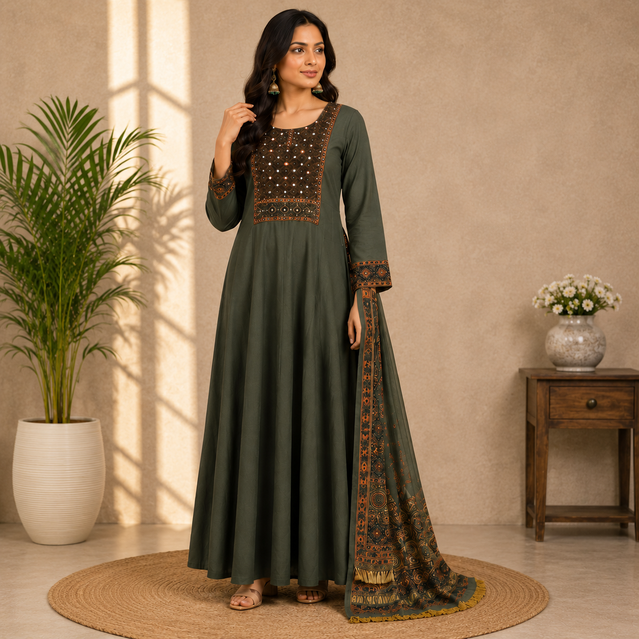 Olive green Anarkali suit featuring intricate mirror work, embroidered detailing, and a beautifully printed dupatta for a regal ethnic look.