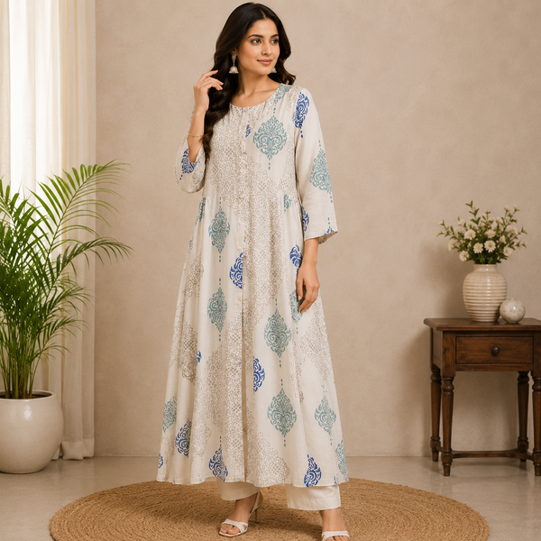 Ivory printed A-line kurta set featuring elegant blue and beige ethnic motifs with a graceful flowy silhouette for effortless everyday charm.
