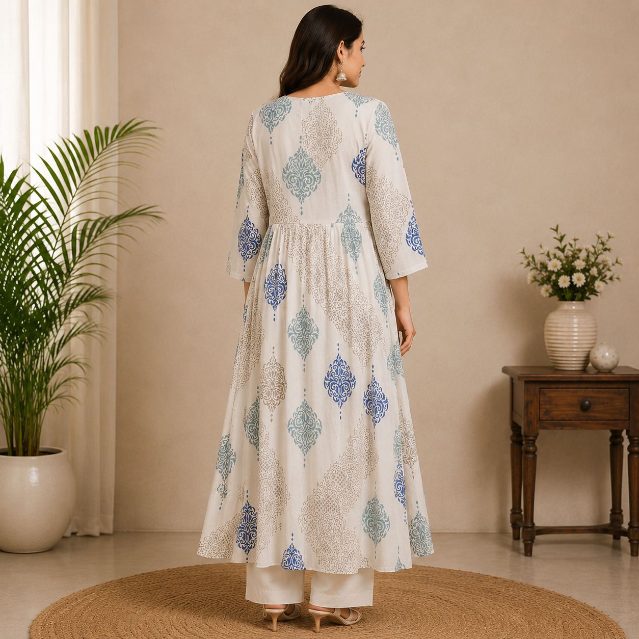 Ivory printed A-line kurta set featuring elegant blue and beige ethnic motifs with a graceful flowy silhouette for effortless everyday charm.