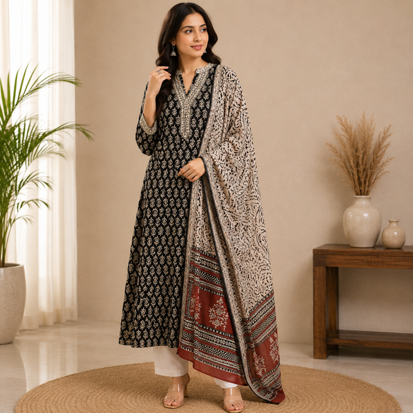 Black printed kurta set featuring intricate ethnic motifs, embroidered neckline detailing, and a contrasting printed dupatta for a timeless ethnic look.