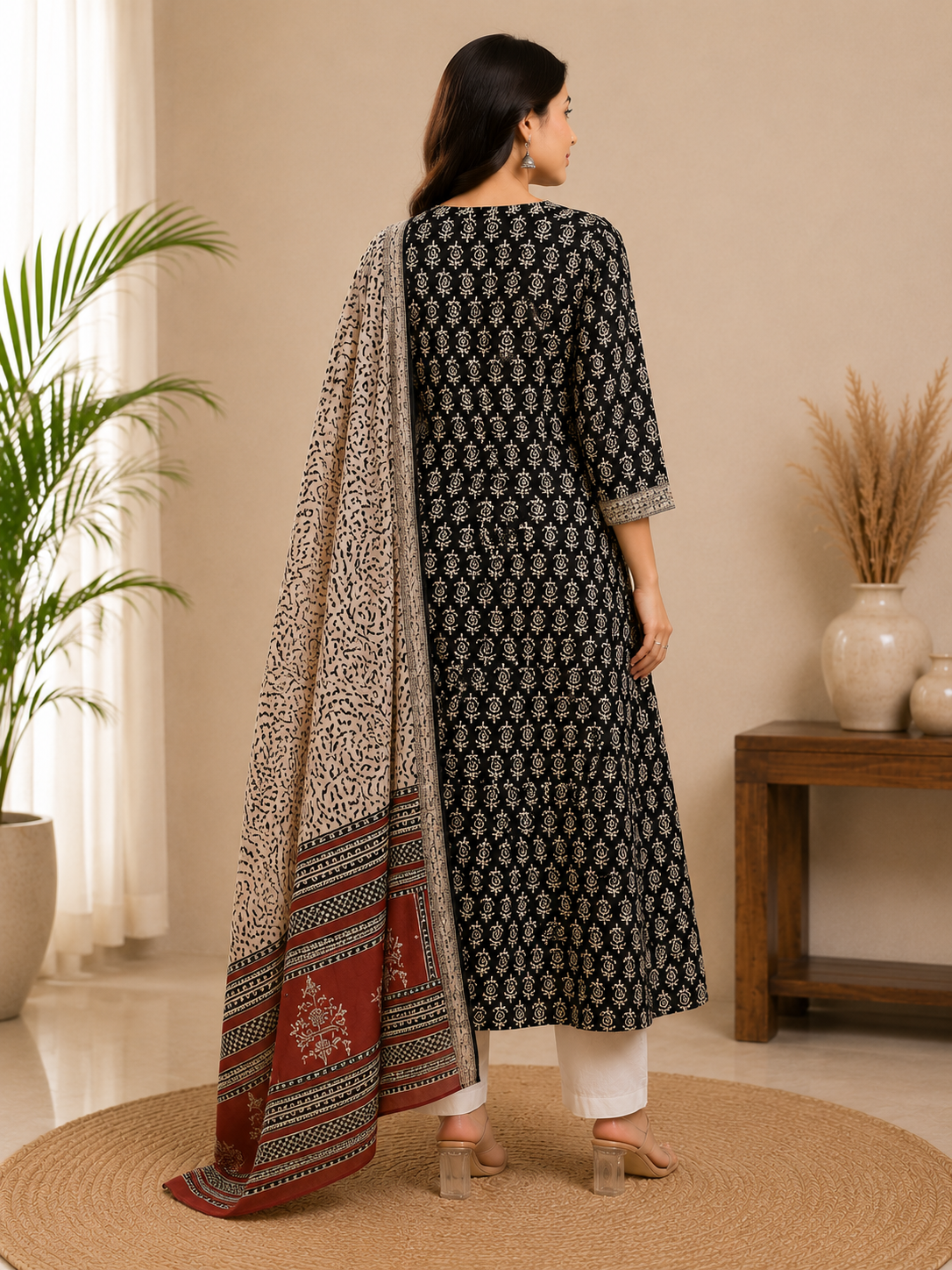 Black printed kurta set featuring intricate ethnic motifs, embroidered neckline detailing, and a contrasting printed dupatta for a timeless ethnic look.
