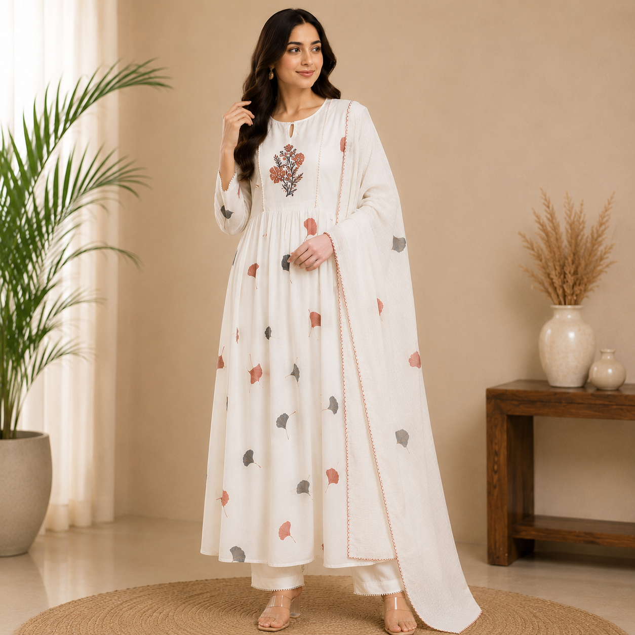 Ivory Anarkali suit featuring delicate floral embroidery and scattered leaf motifs, paired with a graceful matching dupatta for an elegant ethnic look.