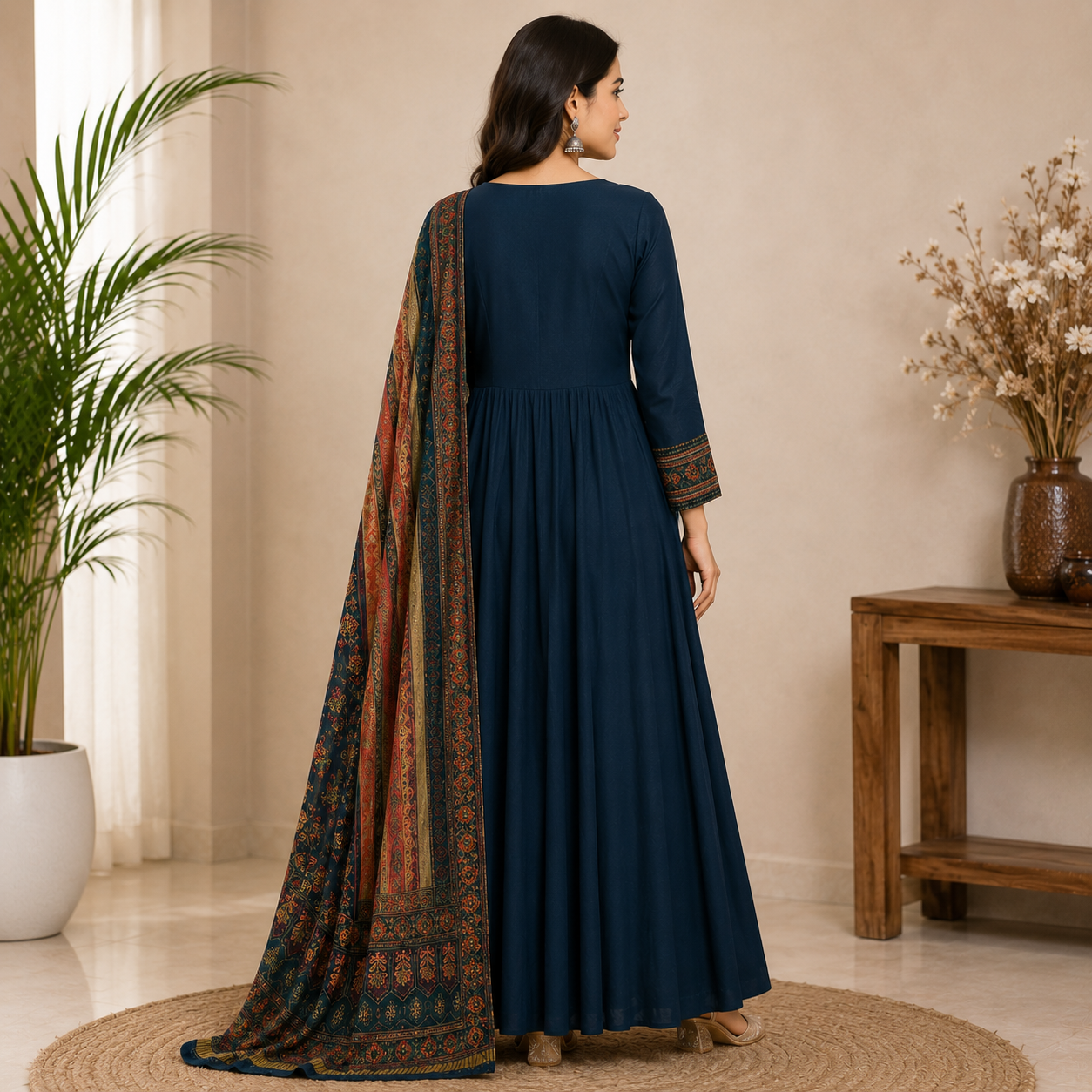 Teal blue Anarkali suit featuring intricate embroidered yoke detailing and a richly printed dupatta for a graceful festive look.