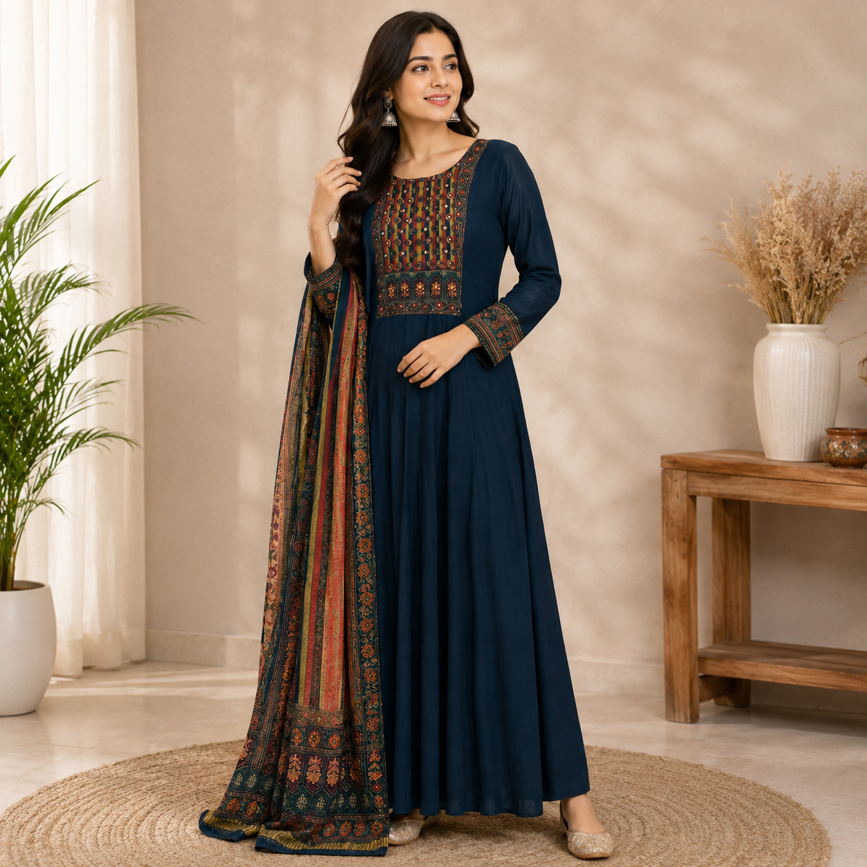 Teal blue Anarkali suit featuring intricate embroidered yoke detailing and a richly printed dupatta for a graceful festive look.