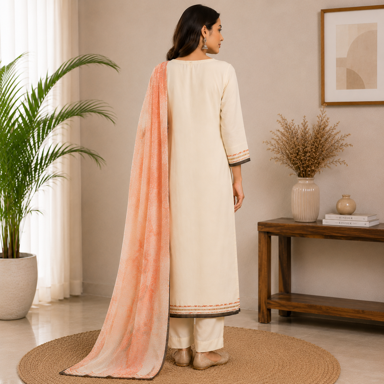 Ivory straight-cut kurti set featuring elegant floral and botanical prints, paired with a soft peach printed dupatta for a graceful ethnic look.
