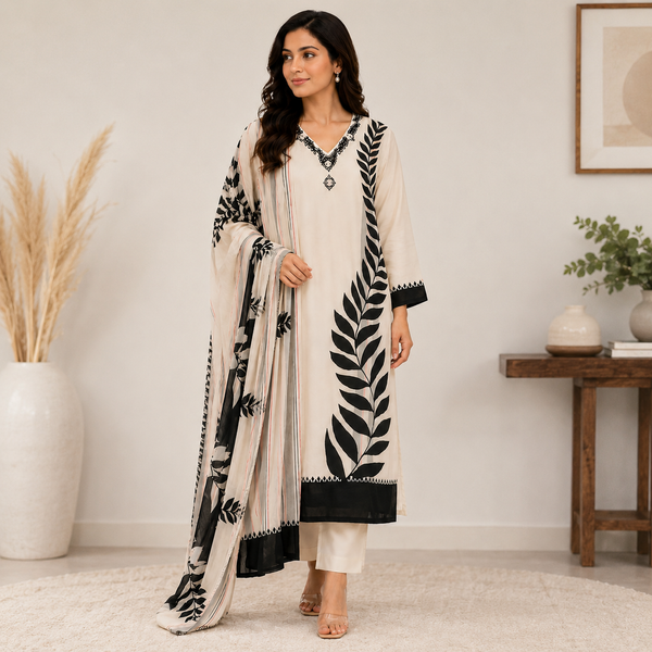 Cream straight-cut kurta set featuring bold black botanical prints and a coordinated printed dupatta for a sophisticated contemporary ethnic look.