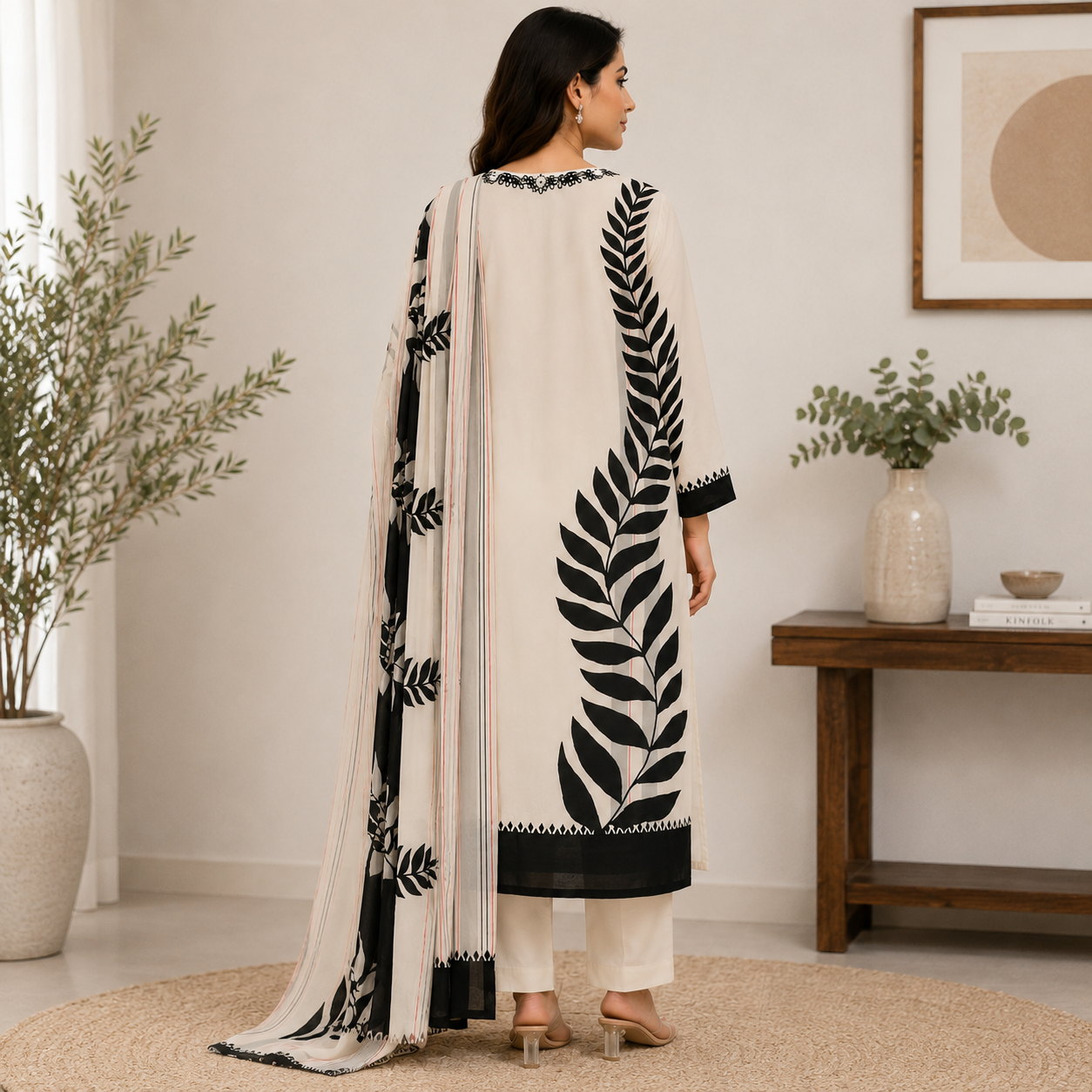Cream straight-cut kurta set featuring bold black botanical prints and a coordinated printed dupatta for a sophisticated contemporary ethnic look.