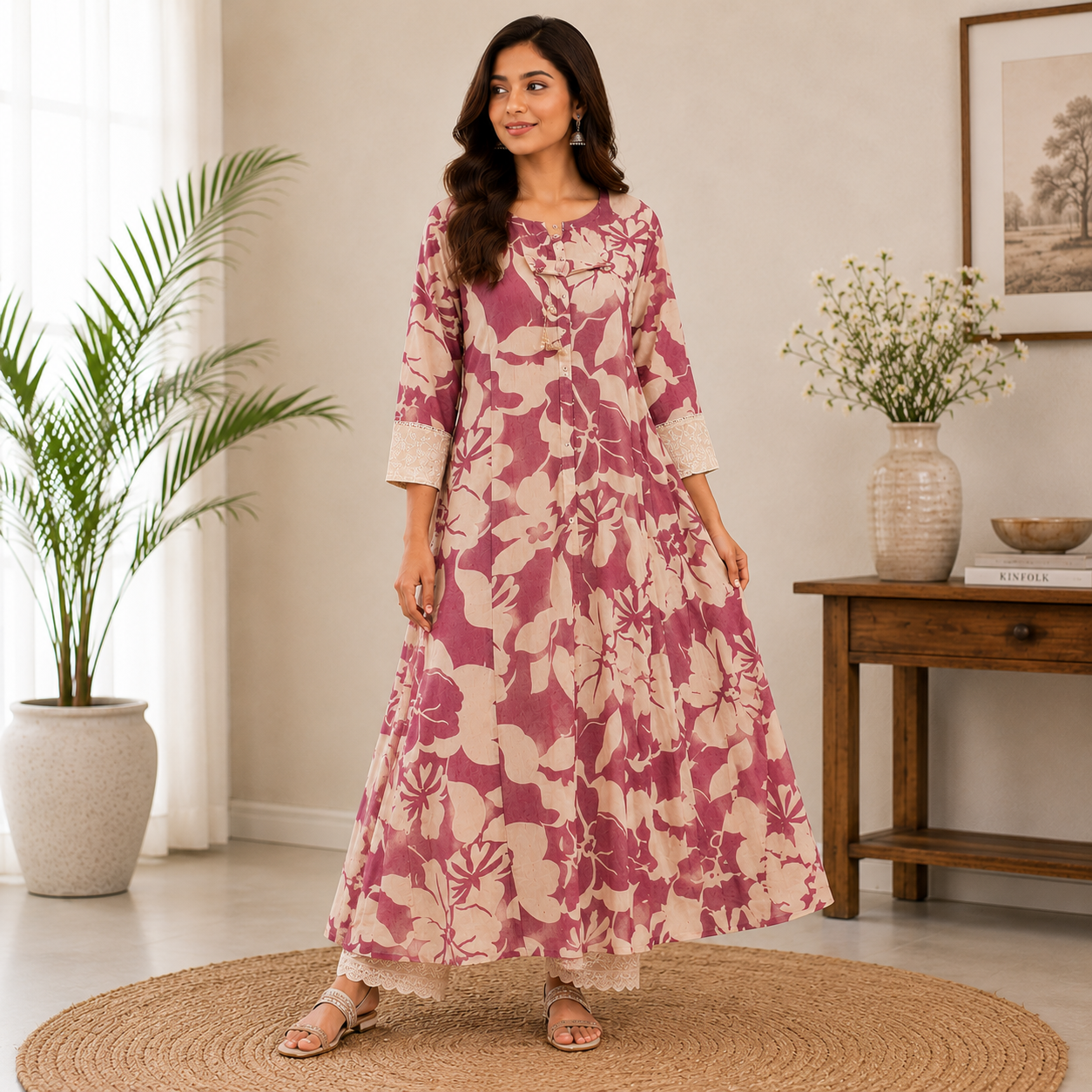 Mauve floral printed A-line kurta featuring delicate lace sleeve detailing and a graceful flowy silhouette for effortless elegance.