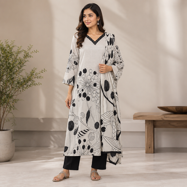 Monochrome floral printed kurta set featuring a graceful V-neckline and coordinated statement dupatta for a chic contemporary ethnic look.