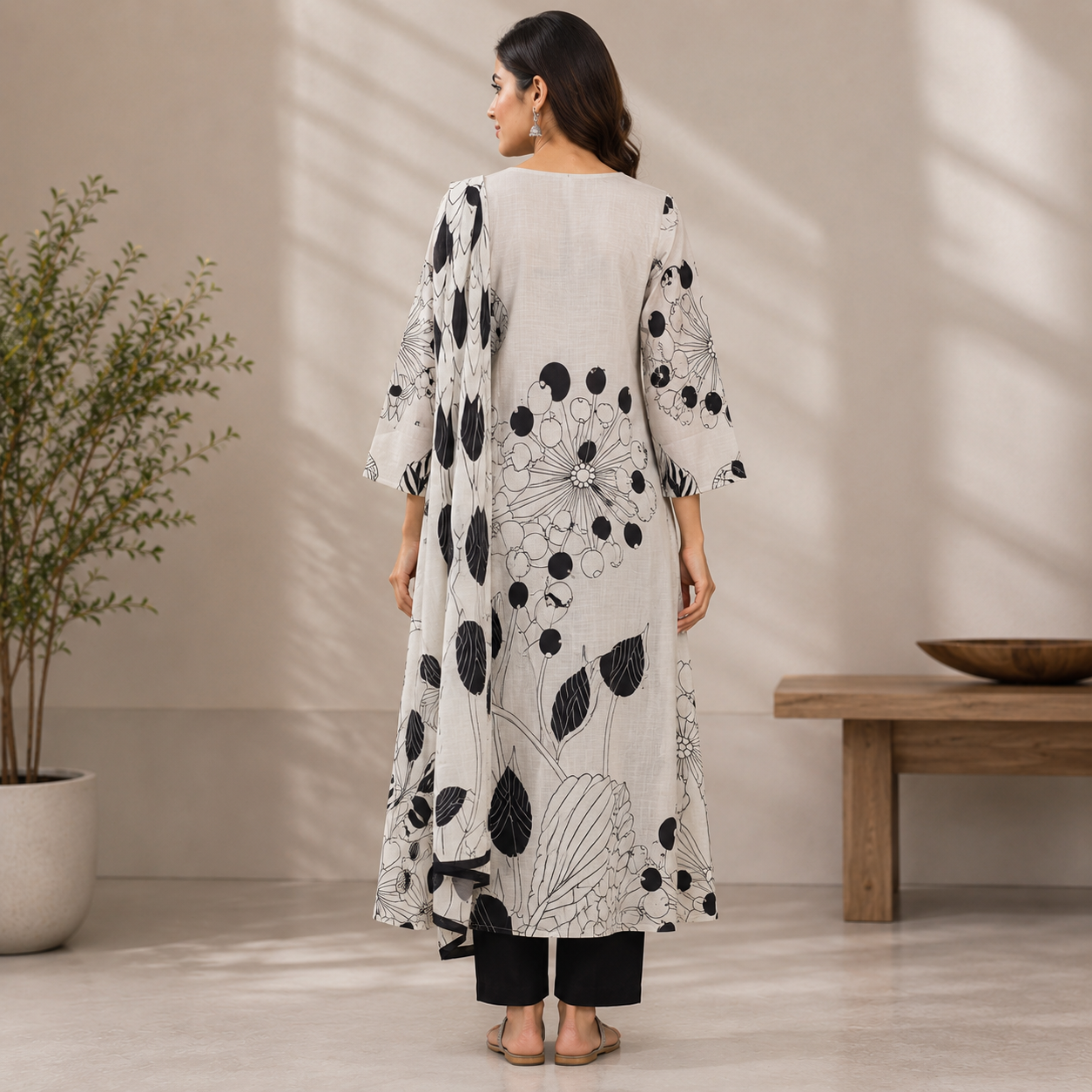 Monochrome floral printed kurta set featuring a graceful V-neckline and coordinated statement dupatta for a chic contemporary ethnic look.